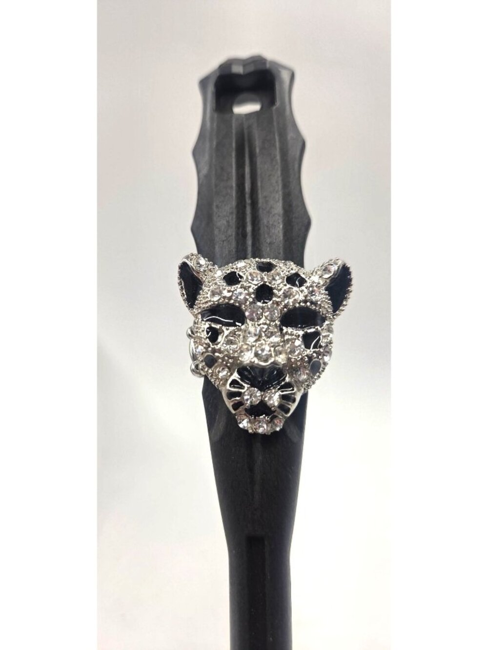 Crystal-Encrusted Panther Stretch Ring With Black & Silver Accents Adjustable Ba
